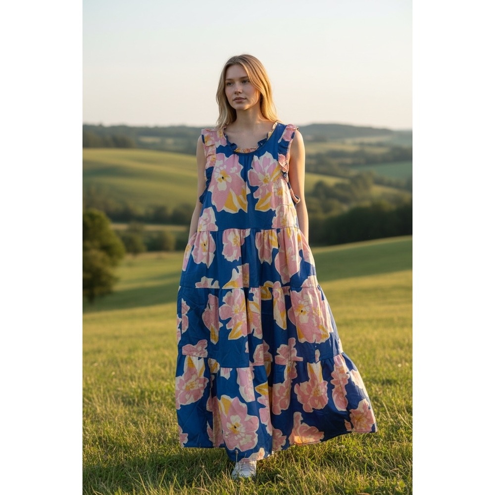 Umgee Womens Blue Pink Floral Tiered Maxi Dress Ruffle Sleeveless Boho New